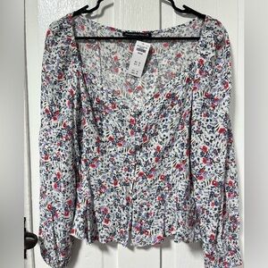 Abercrombie & Fitch White Floral Button-Front Blouse with Red and Blue Flowers
